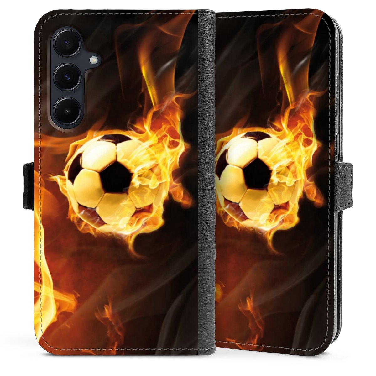 Galaxy A55 5G Handy Klapphülle Handyhülle aus Kunst Leder schwarz Flip Case Ball Fire Soccer Sideflip mit Lasche