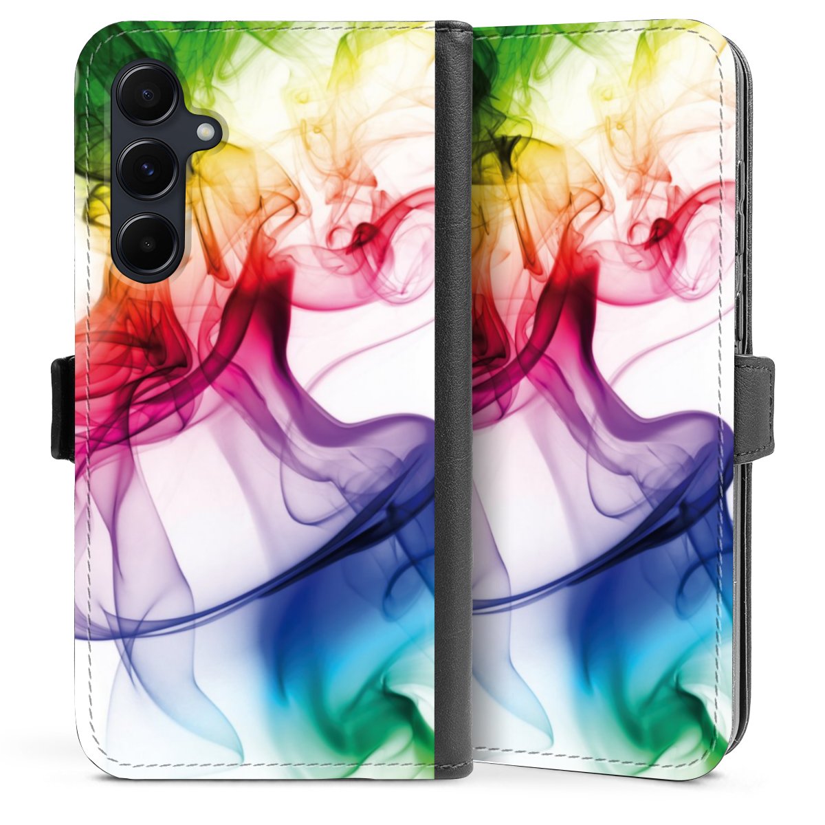 Galaxy A55 5G Handy Klapphülle Handyhülle aus Kunst Leder schwarz Flip Case Water Colour Rainbow Sideflip mit Lasche