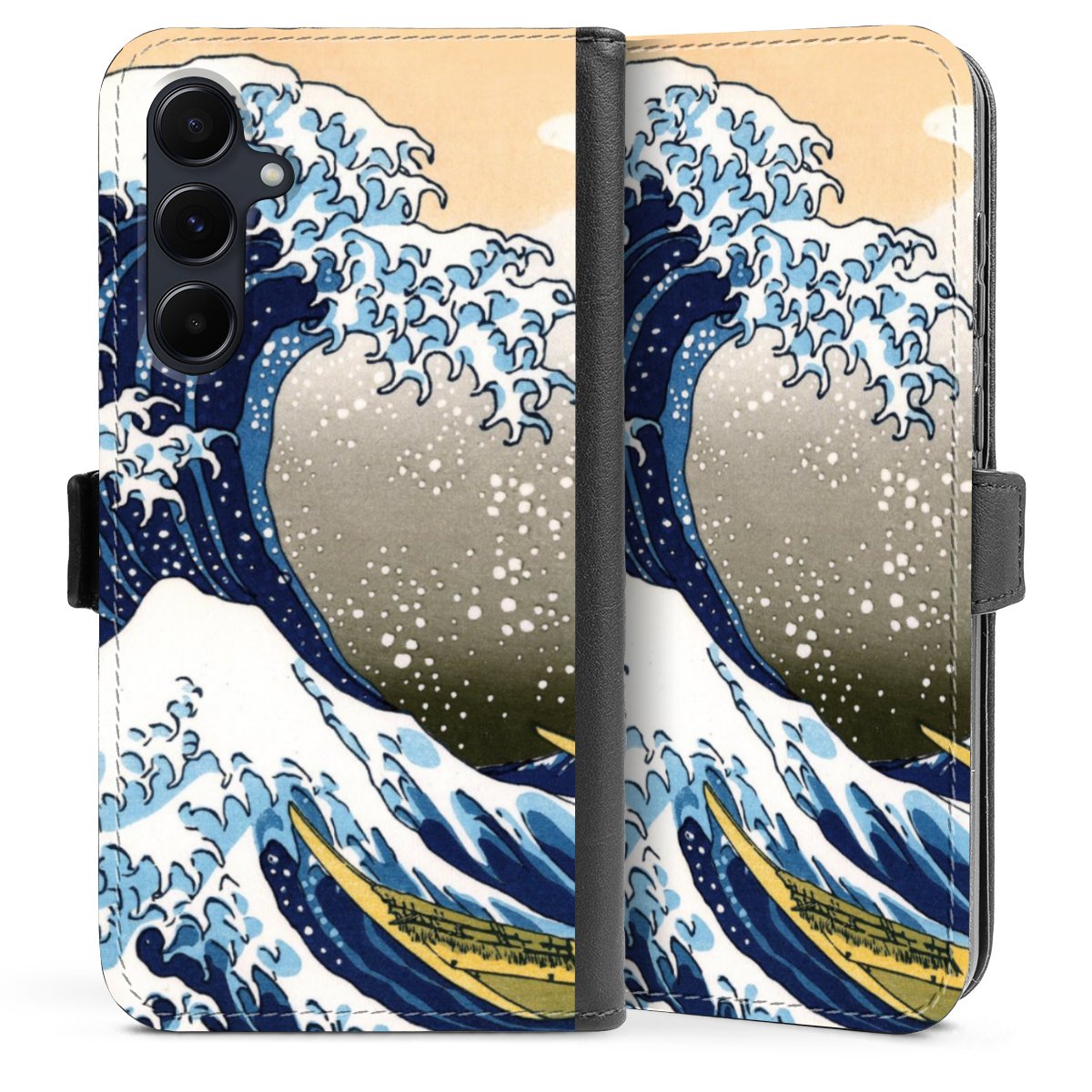 Galaxy A55 5G Handy Klapphülle Handyhülle aus Kunst Leder schwarz Flip Case Kunst Katsushika Hokusai Die Große Welle Vor Kanagawa Sideflip mit Lasche