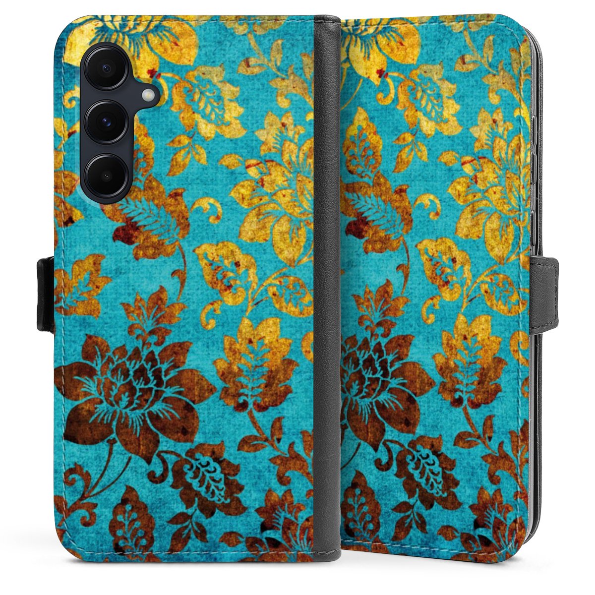 Galaxy A55 5G Handy Klapphülle Handyhülle aus Kunst Leder schwarz Flip Case Ornament Vintage Flowers Sideflip mit Lasche