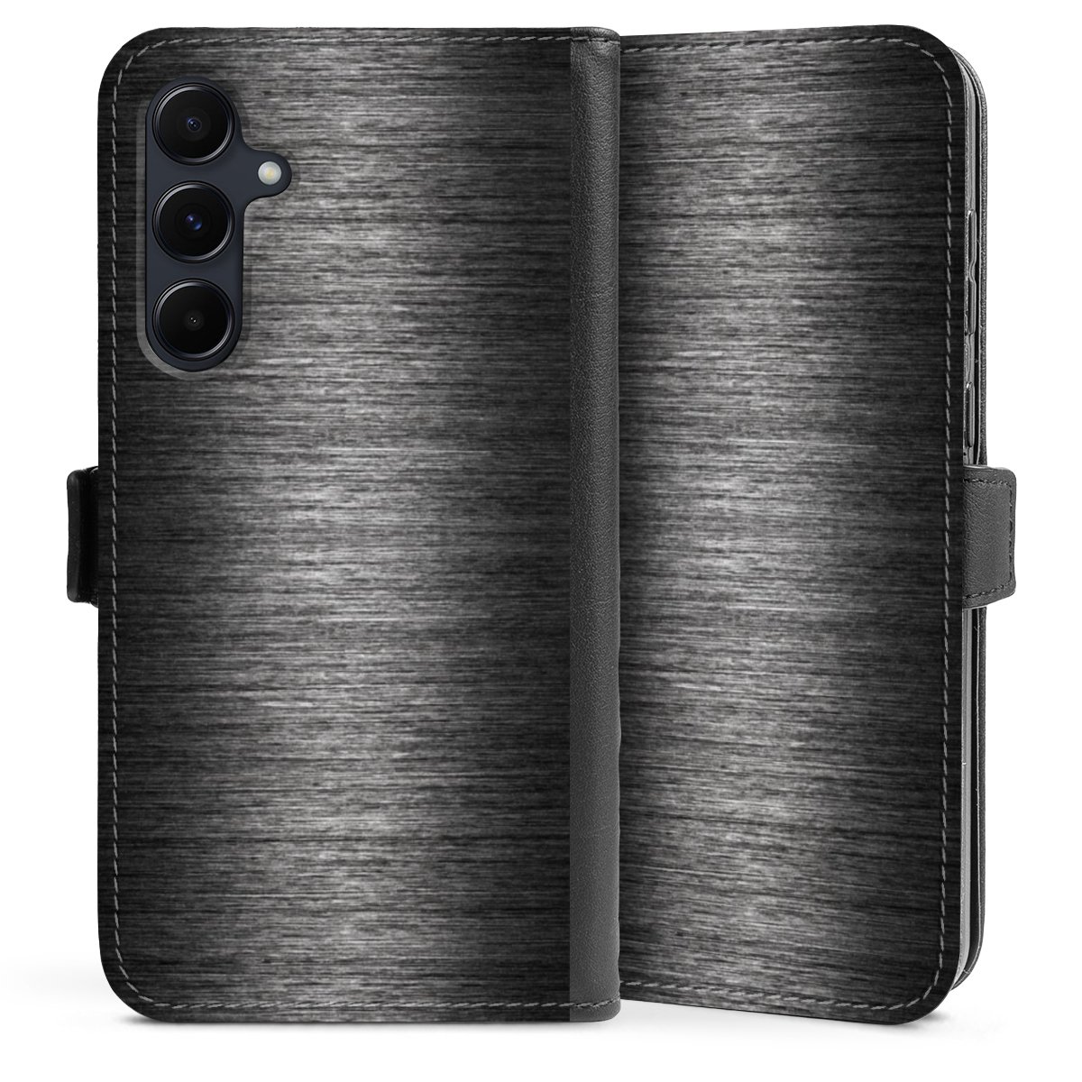 Galaxy A55 5G Handy Klapphülle Handyhülle aus Kunst Leder schwarz Flip Case Metallic Look Anthracite Metal Sideflip mit Lasche