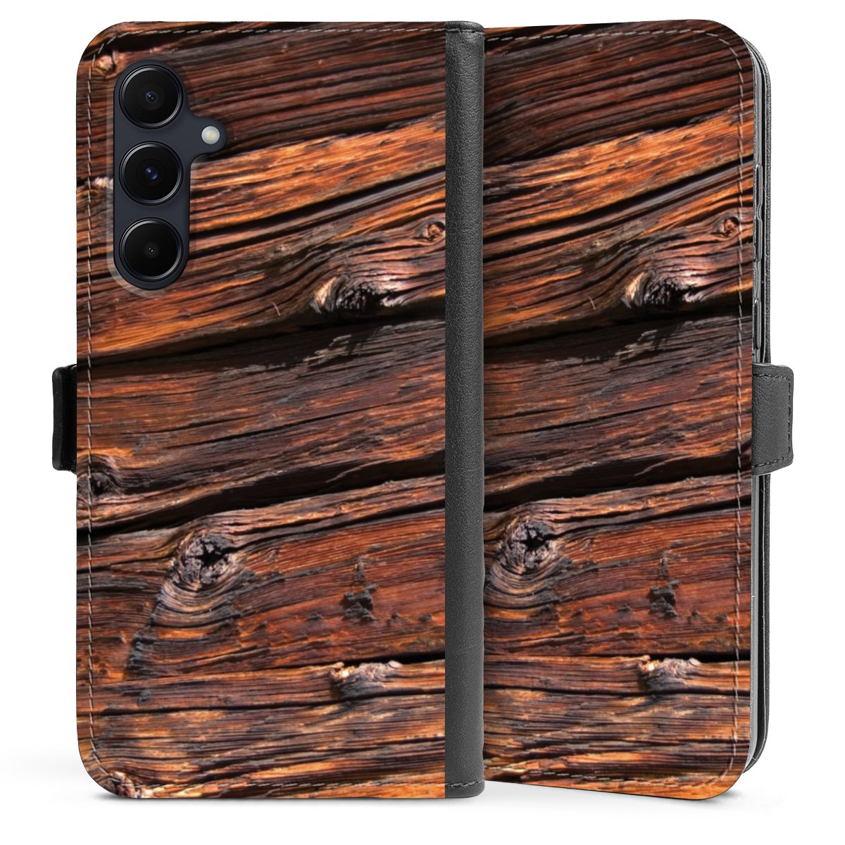 Galaxy A55 5G Handy Klapphülle Handyhülle aus Kunst Leder schwarz Flip Case Beams Wooden Look Wood Sideflip mit Lasche