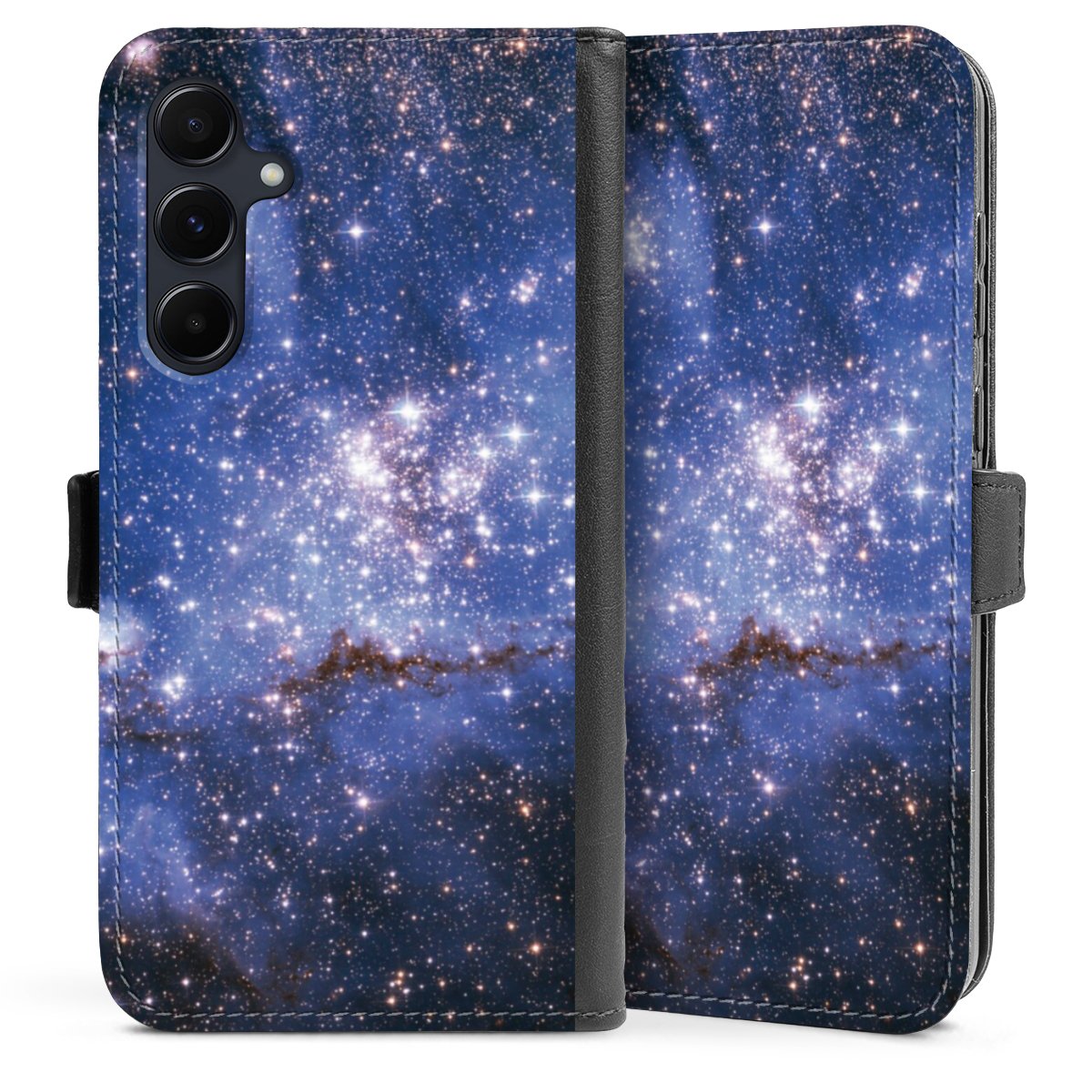 Galaxy A55 5G Handy Klapphülle Handyhülle aus Kunst Leder schwarz Flip Case Weltall Galaxy Weltraum Sideflip mit Lasche