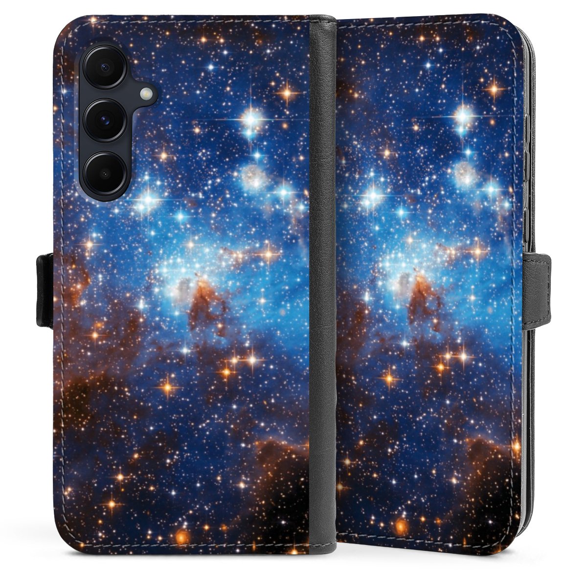 Galaxy A55 5G Handy Klapphülle Handyhülle aus Kunst Leder schwarz Flip Case Star Weltall Galaxy Sideflip mit Lasche