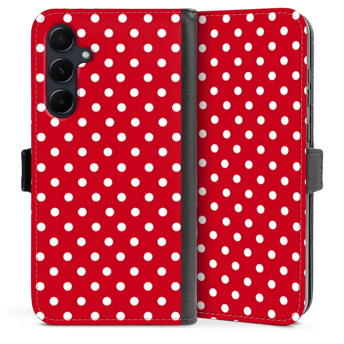 Galaxy A55 5G Handy Klapphülle Handyhülle aus Kunst Leder schwarz Flip Case Points Polka Dots Retro Sideflip mit Lasche