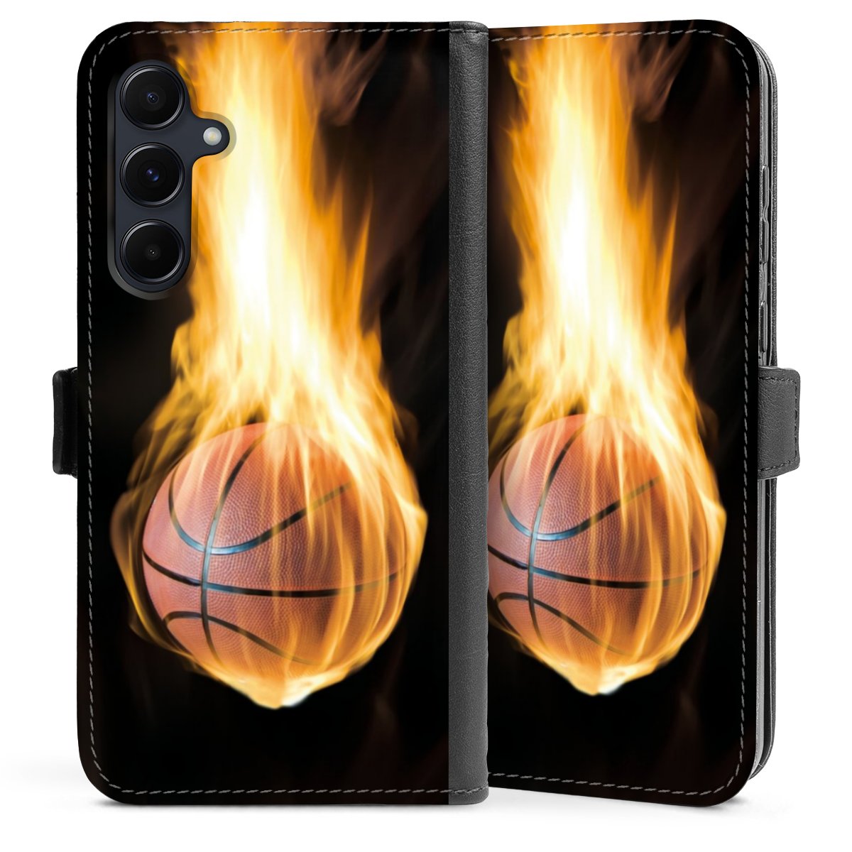 Galaxy A55 5G Handy Klapphülle Handyhülle aus Kunst Leder schwarz Flip Case Basketball Sports Fire Sideflip mit Lasche