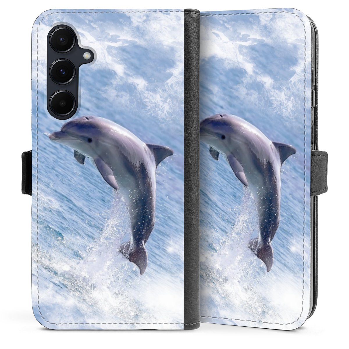 Galaxy A55 5G Handy Klapphülle Handyhülle aus Kunst Leder schwarz Flip Case Dolphin Ocean Wale Sideflip mit Lasche