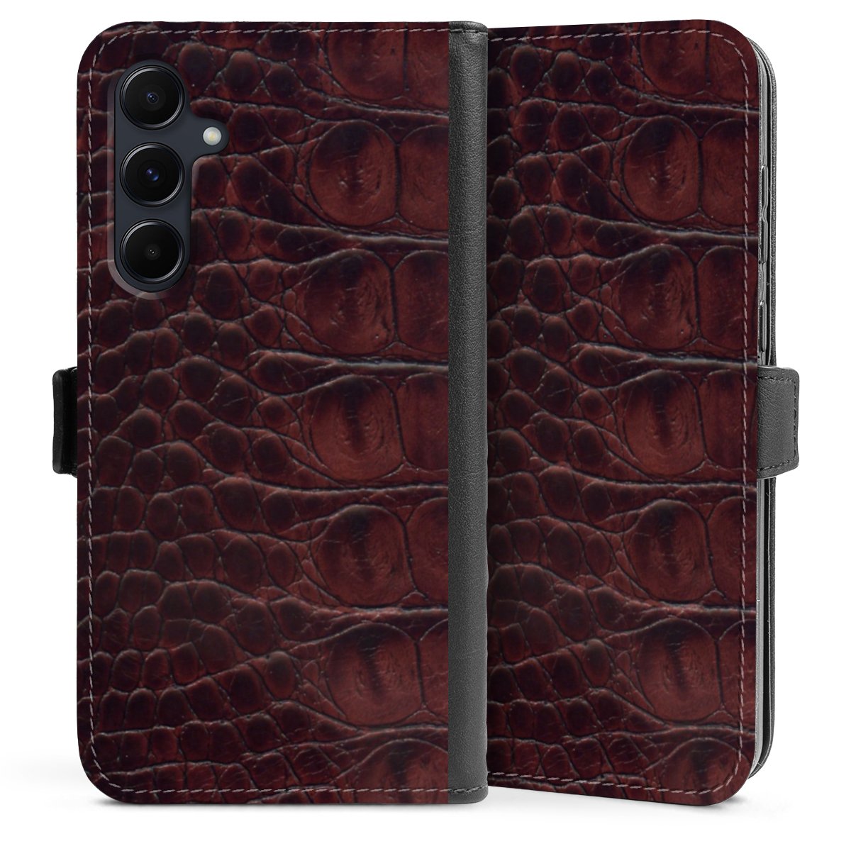 Galaxy A55 5G Handy Klapphülle Handyhülle aus Kunst Leder schwarz Flip Case Crocodile Animal Print Leather Sideflip mit Lasche