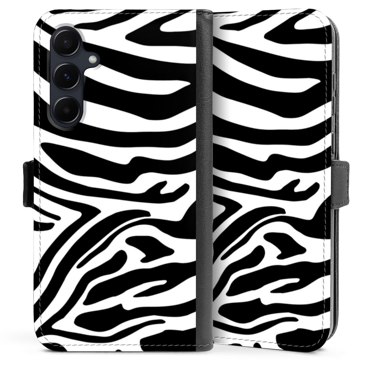 Galaxy A55 5G Handy Klapphülle Handyhülle aus Kunst Leder schwarz Flip Case Zebra Animal Look Animal Print Sideflip mit Lasche