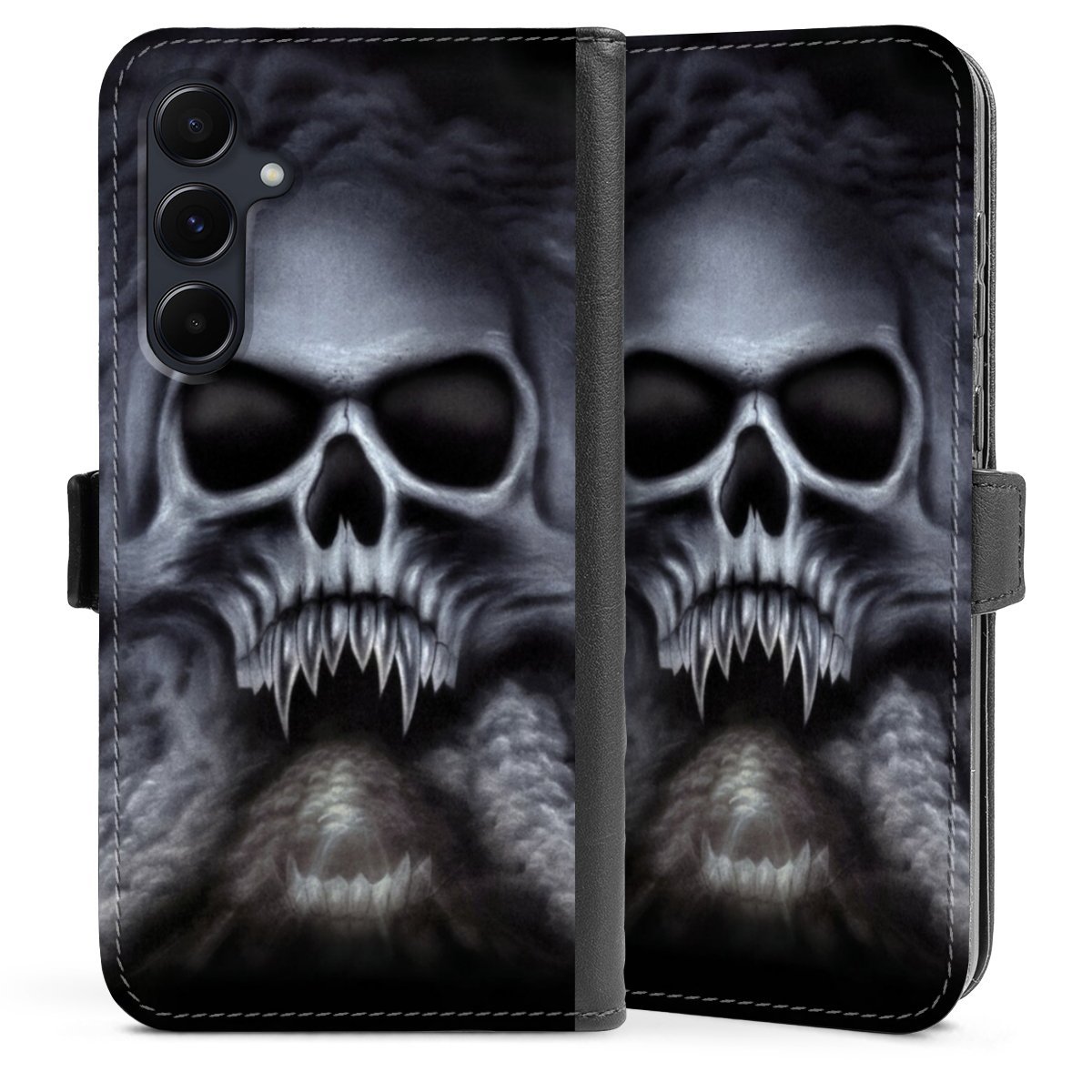 Galaxy A55 5G Handy Klapphülle Handyhülle aus Kunst Leder schwarz Flip Case Totenkopf Skull Sideflip mit Lasche