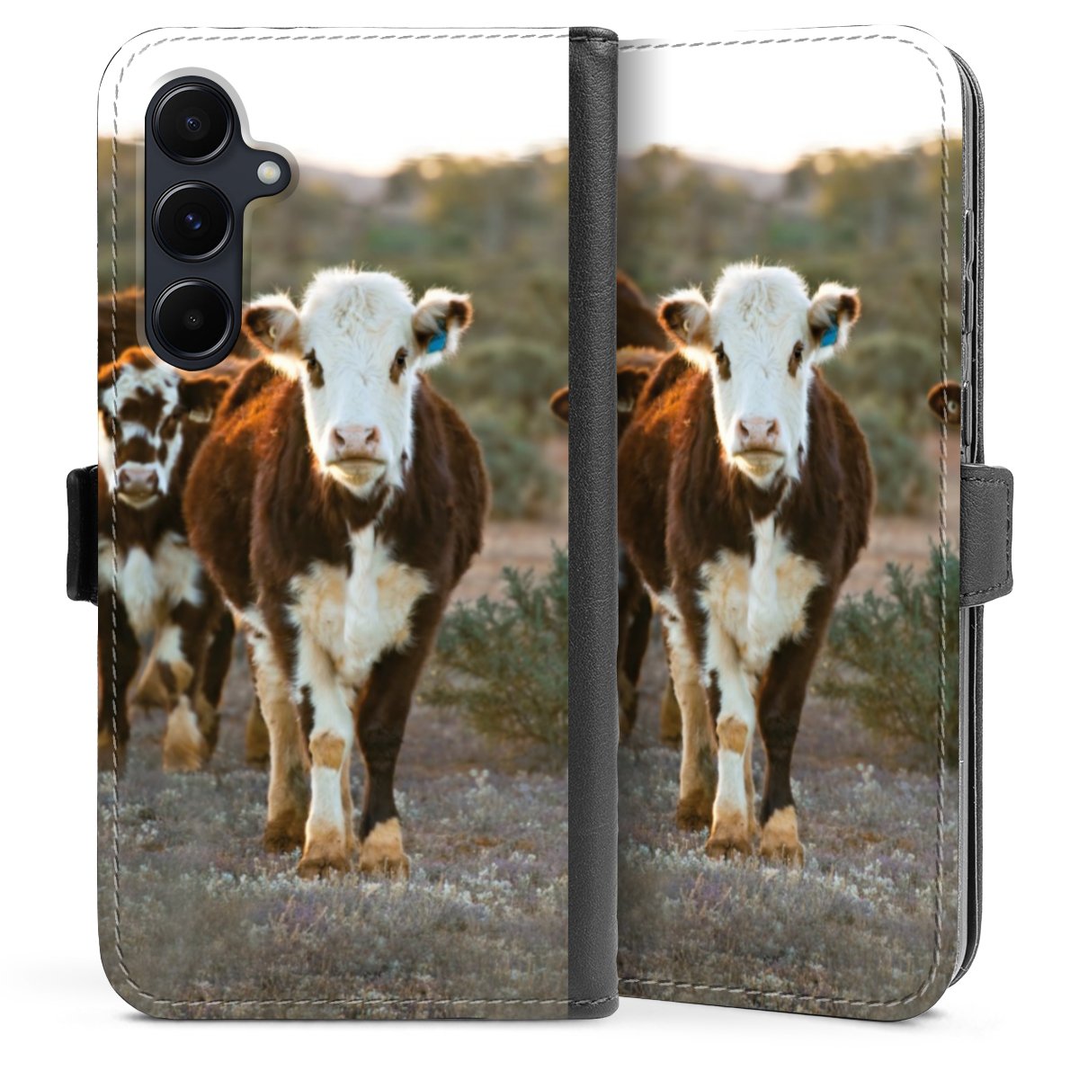 Galaxy A55 5G Handy Klapphülle Handyhülle aus Kunst Leder schwarz Flip Case Cow Farmer Calf Sideflip mit Lasche