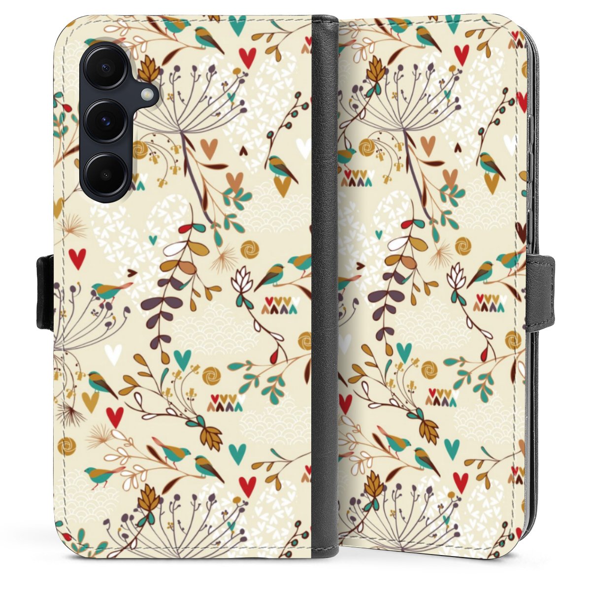 Galaxy A55 5G Handy Klapphülle Handyhülle aus Kunst Leder schwarz Flip Case Bird Flowers Retro Sideflip mit Lasche