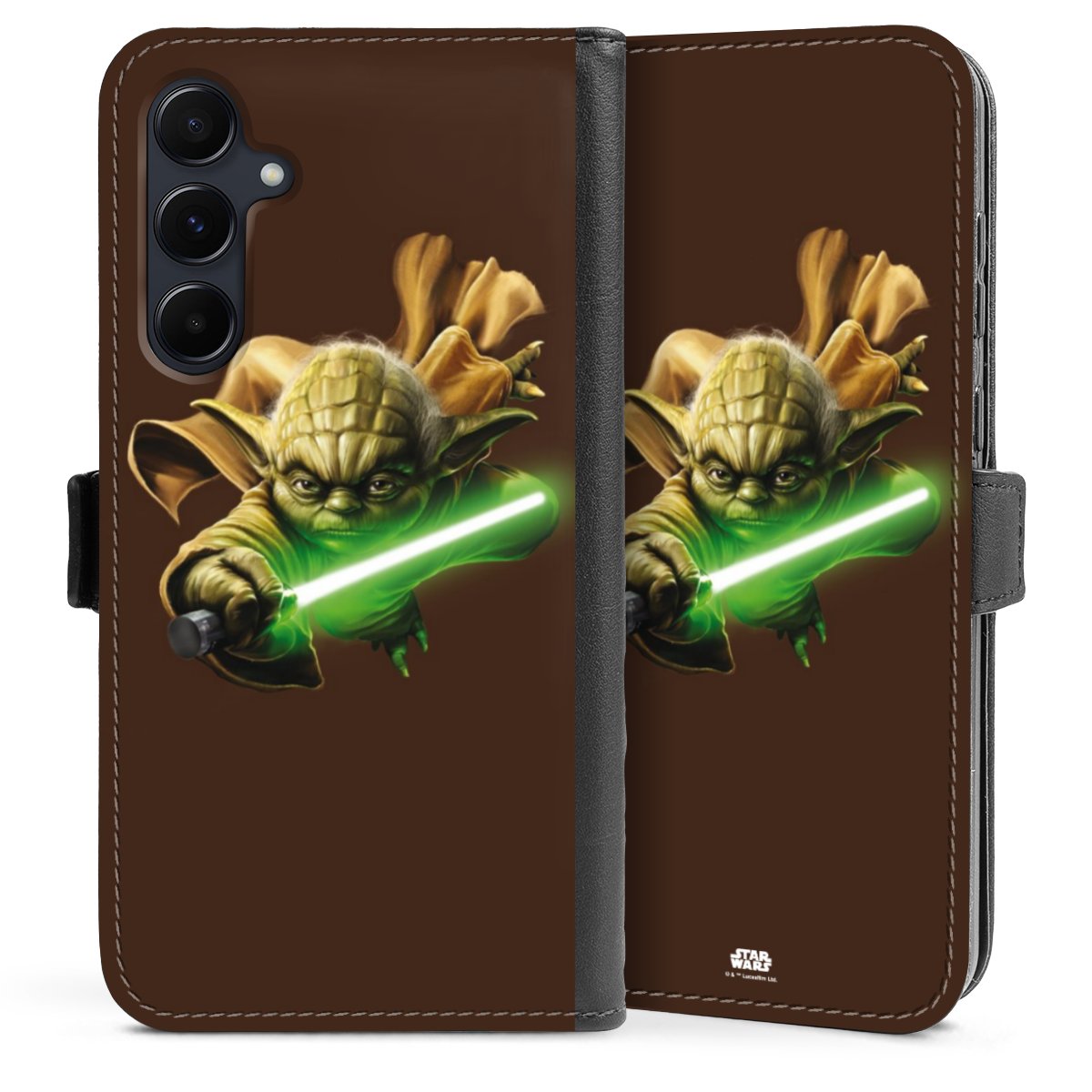 Galaxy A55 5G Handy Klapphülle Handyhülle aus Kunst Leder schwarz Flip Case Yoda Merchandise Star Wars Sideflip mit Lasche