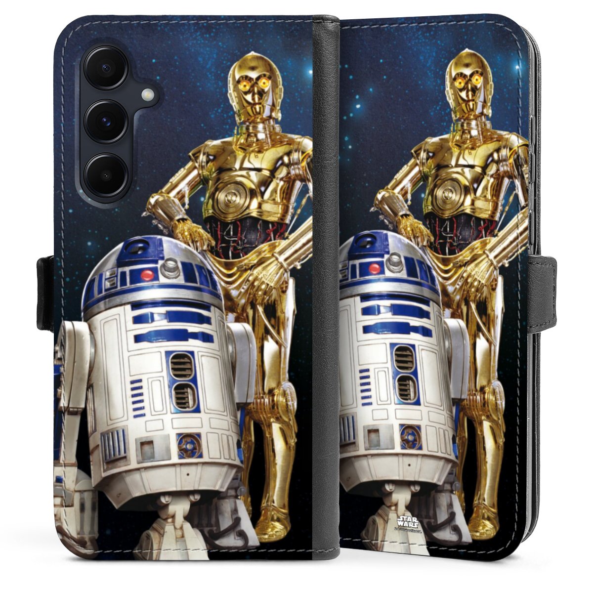 Galaxy A55 5G Handy Klapphülle Handyhülle aus Kunst Leder schwarz Flip Case Weltall Star Wars R2d2 Sideflip mit Lasche