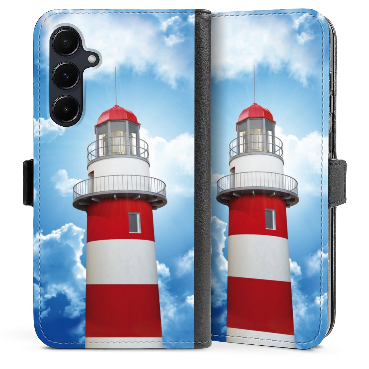 Galaxy A55 5G Handy Klapphülle Handyhülle aus Kunst Leder schwarz Flip Case Lighthouse Sky Cloud Sideflip mit Lasche