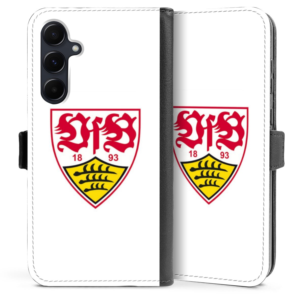 Galaxy A55 5G Handy Klapphülle Handyhülle aus Kunst Leder schwarz Flip Case Logo Official Licensed Product Vfb Stuttgart Sideflip mit Lasche