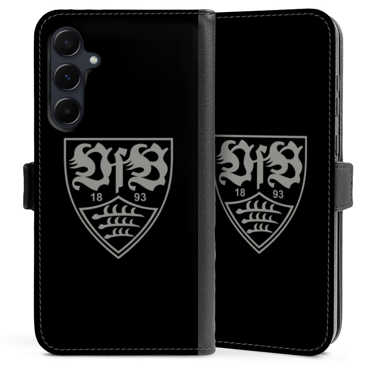 Galaxy A55 5G Handy Klapphülle Handyhülle aus Kunst Leder schwarz Flip Case Official Licensed Product Vfb Stuttgart Sideflip mit Lasche