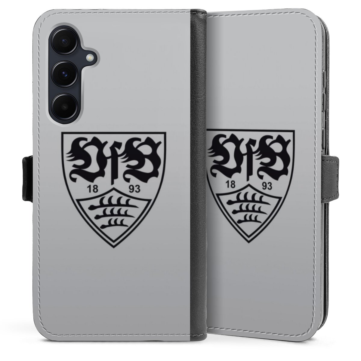 Galaxy A55 5G Handy Klapphülle Handyhülle aus Kunst Leder schwarz Flip Case Logo Vfb Stuttgart Official Licensed Product Sideflip mit Lasche