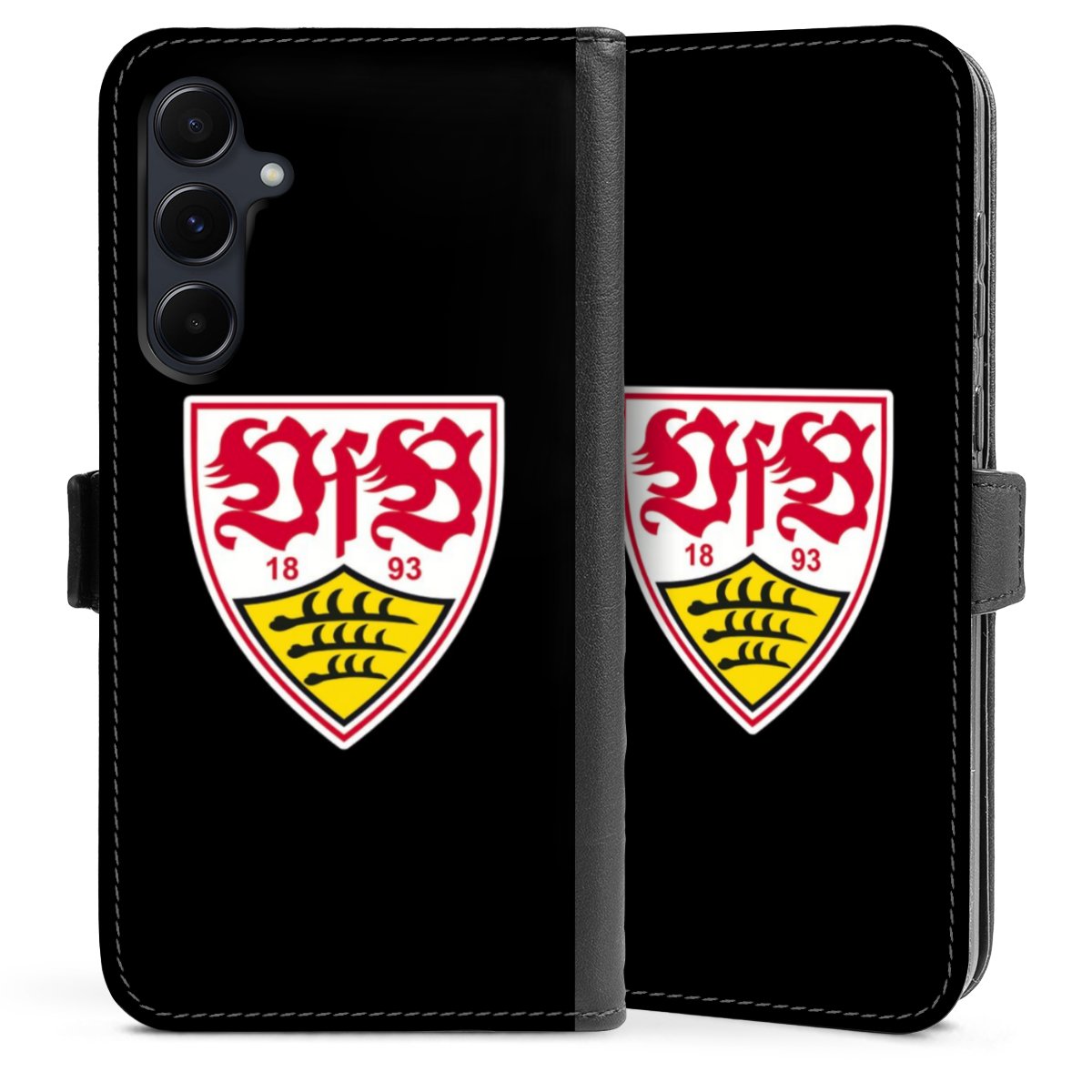 Galaxy A55 5G Handy Klapphülle Handyhülle aus Kunst Leder schwarz Flip Case Vfb Stuttgart Official Licensed Product Coat Of Arms Sideflip mit Lasche