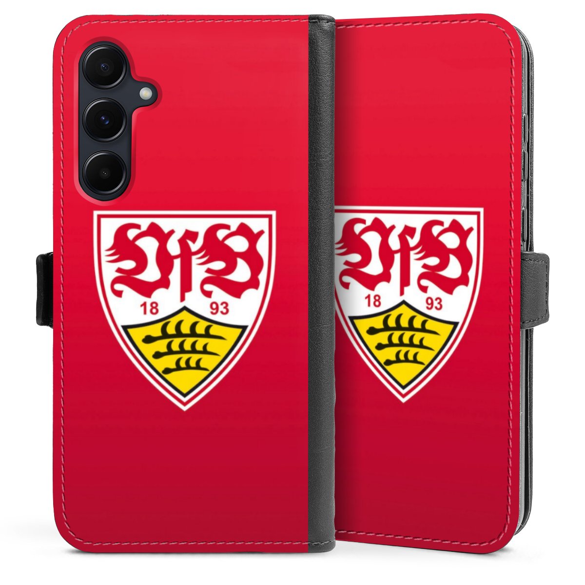 Galaxy A55 5G Handy Klapphülle Handyhülle aus Kunst Leder schwarz Flip Case Official Licensed Product Vfb Stuttgart Sideflip mit Lasche