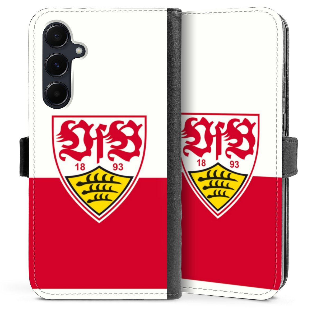 Galaxy A55 5G Handy Klapphülle Handyhülle aus Kunst Leder schwarz Flip Case Official Licensed Product Logo Vfb Stuttgart Sideflip mit Lasche