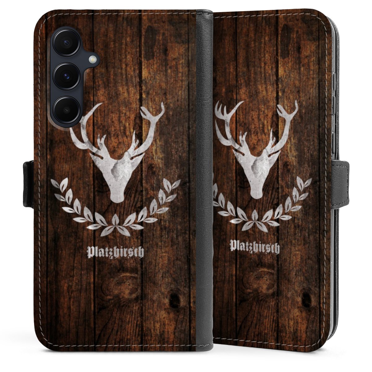 Galaxy A55 5G Handy Klapphülle Handyhülle aus Kunst Leder schwarz Flip Case Deer Wood Wooden Look Sideflip mit Lasche