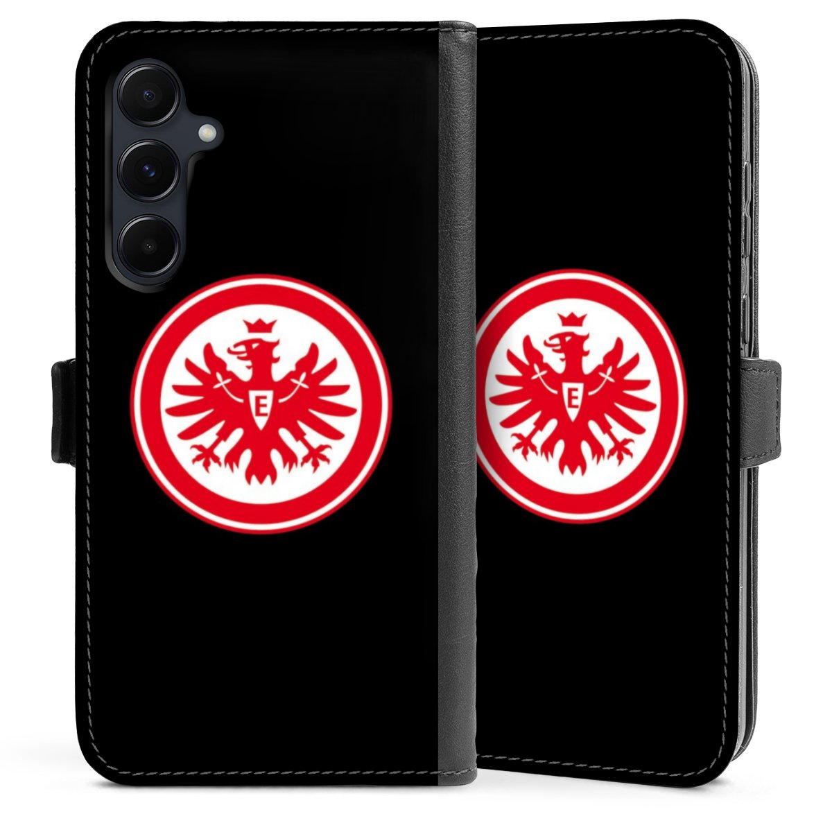 Galaxy A55 5G Handy Klapphülle Handyhülle aus Kunst Leder schwarz Flip Case Eintracht Frankfurt Sge Eagle Sideflip mit Lasche