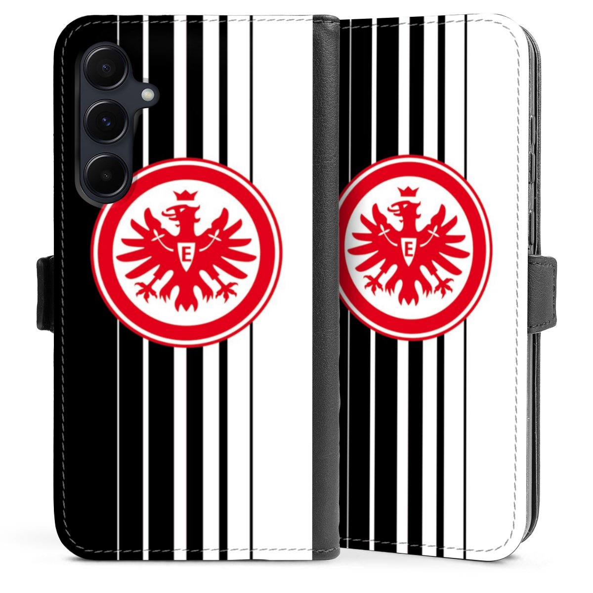 Galaxy A55 5G Handy Klapphülle Handyhülle aus Kunst Leder schwarz Flip Case Stripes Eintracht Frankfurt Official Licensed Product Sideflip mit Lasche