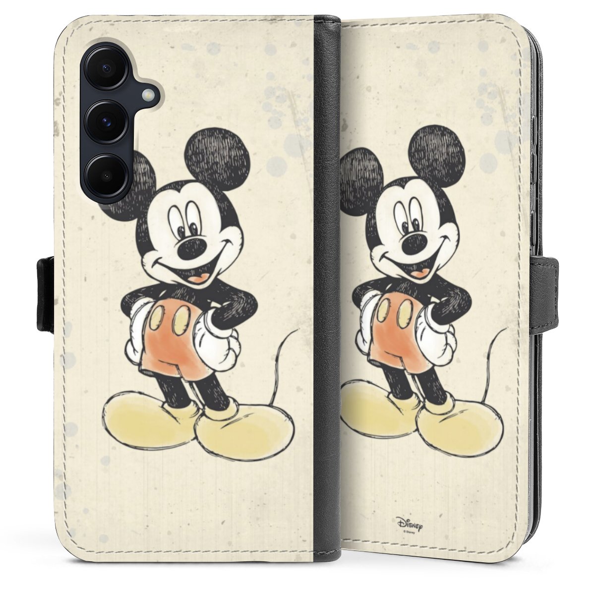 Galaxy A55 5G Handy Klapphülle Handyhülle aus Kunst Leder schwarz Flip Case Water Colour Mickey & Minnie Mouse Official Licensed Product Sideflip mit Lasche