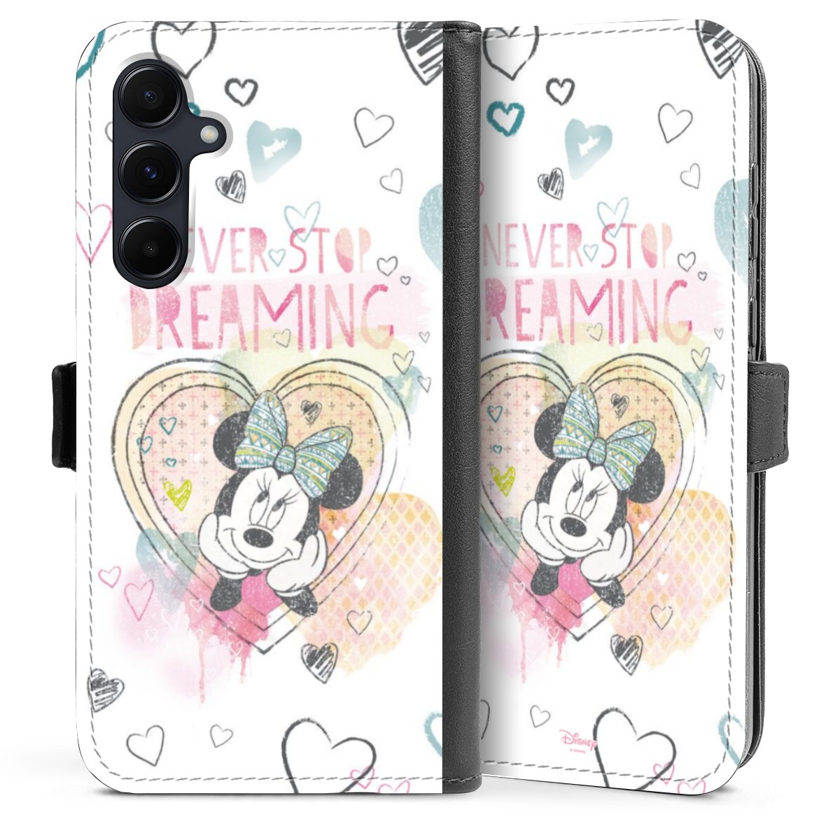 Galaxy A55 5G Handy Klapphülle Handyhülle aus Kunst Leder schwarz Flip Case Disney Official Licensed Product Minnie Mouse Sideflip mit Lasche