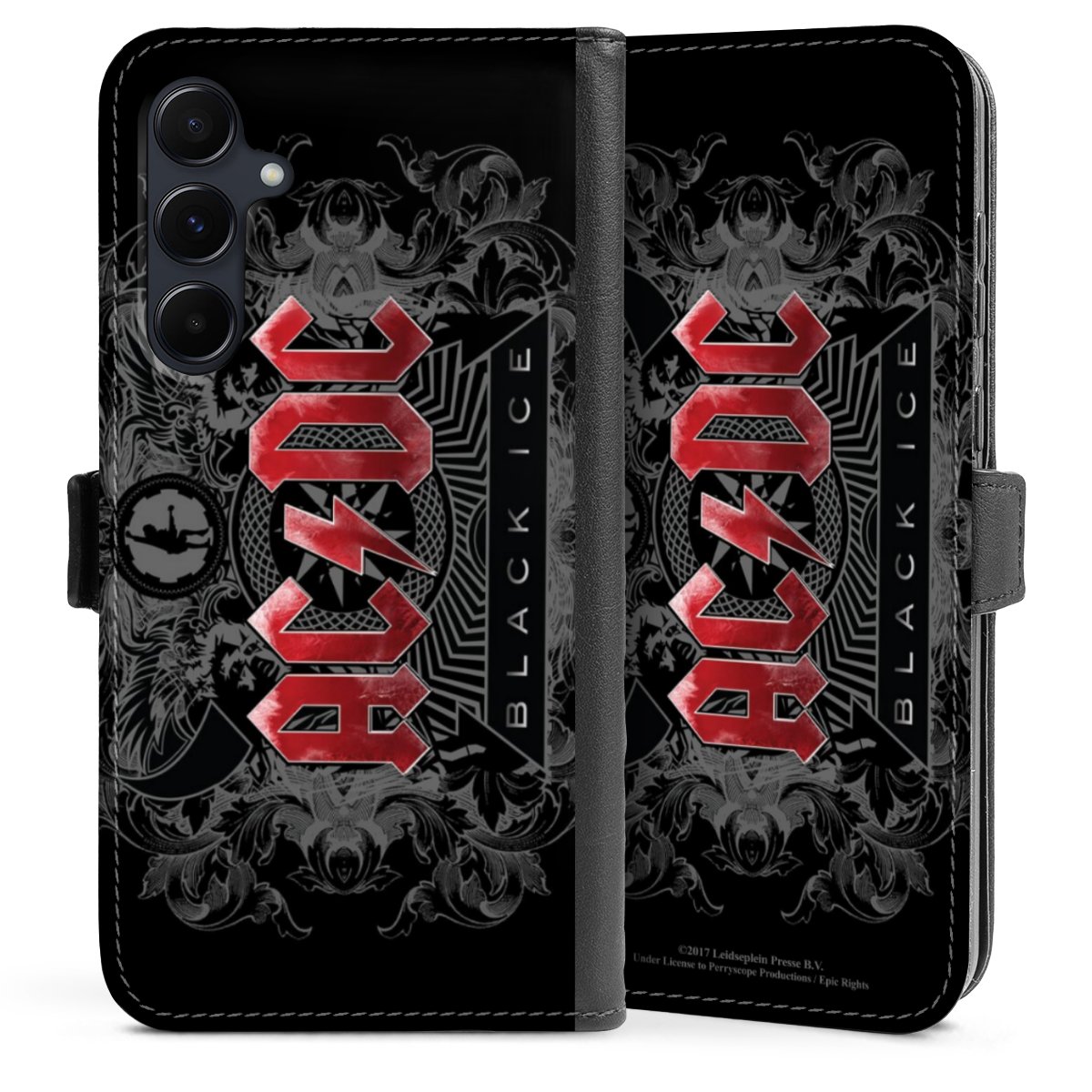 Galaxy A55 5G Handy Klapphülle Handyhülle aus Kunst Leder schwarz Flip Case Merchandise Black Ice Acdc Sideflip mit Lasche