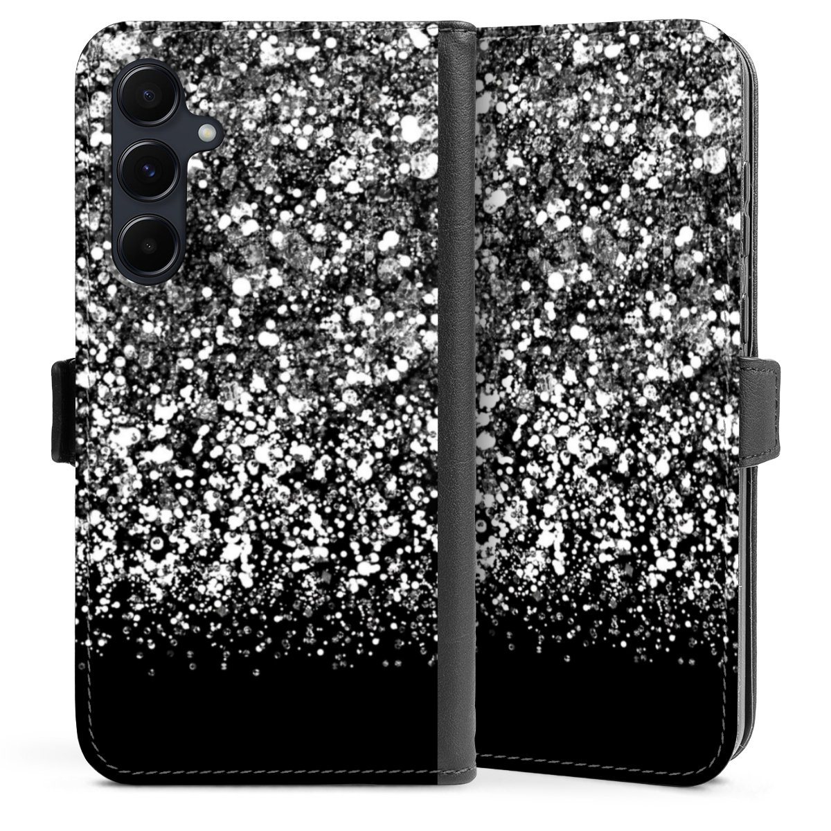 Galaxy A55 5G Handy Klapphülle Handyhülle aus Kunst Leder schwarz Flip Case Glitzer Snowflake Muster Sideflip mit Lasche