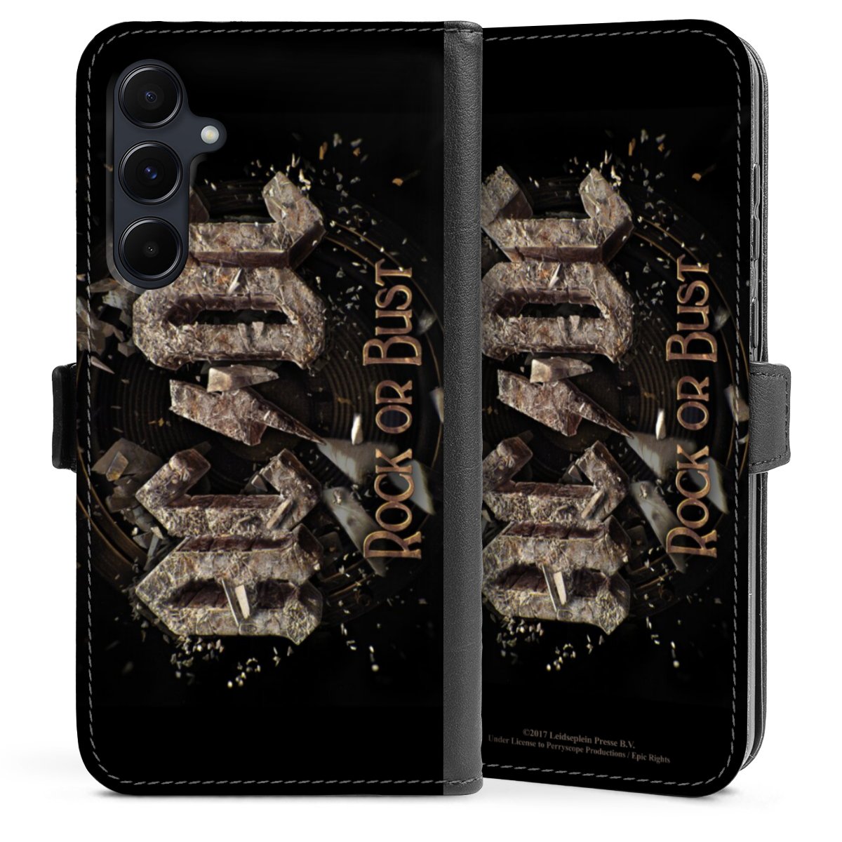 Galaxy A55 5G Handy Klapphülle Handyhülle aus Kunst Leder schwarz Flip Case Acdc Official Licensed Product Rock Or Bust Sideflip mit Lasche