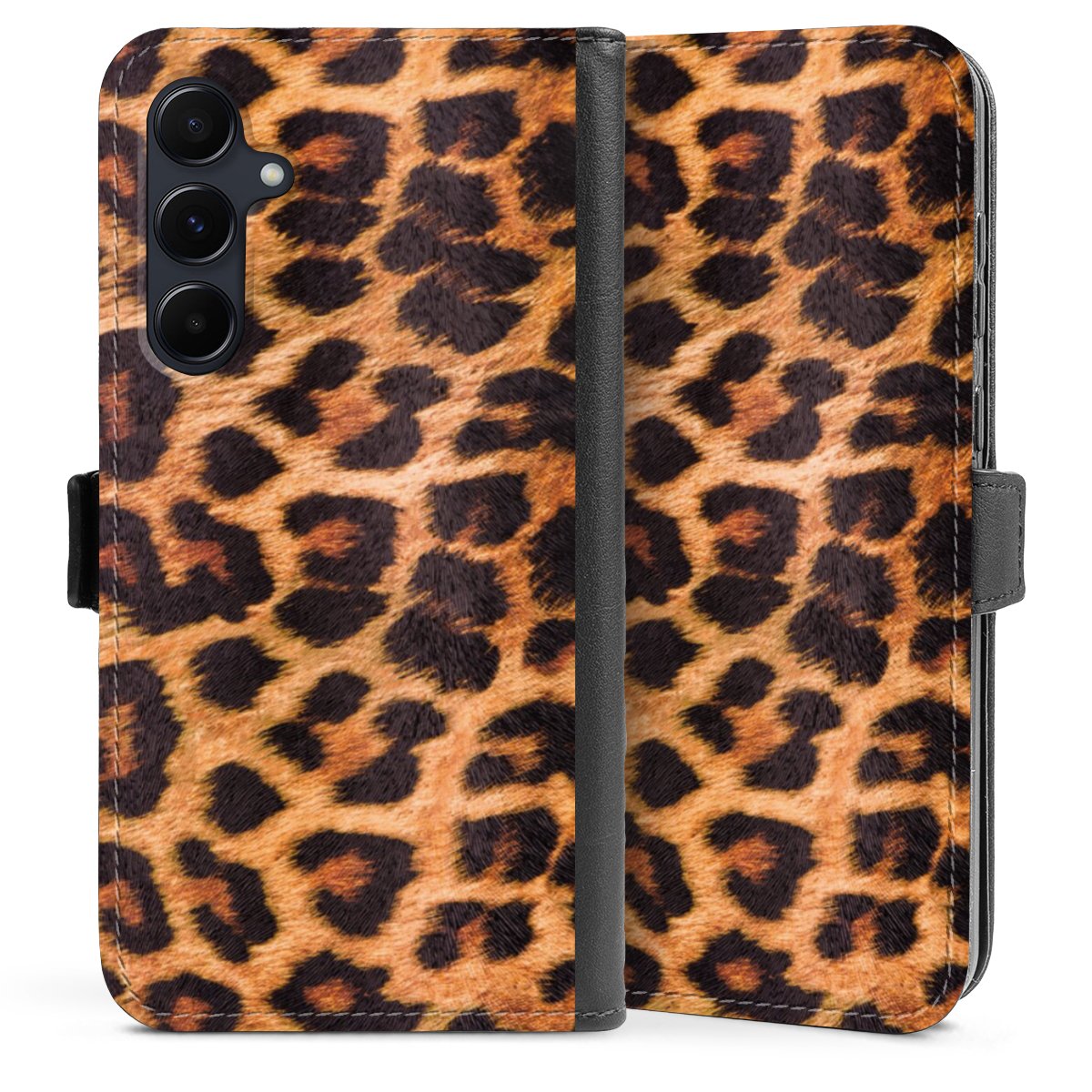 Galaxy A55 5G Handy Klapphülle Handyhülle aus Kunst Leder schwarz Flip Case Animal Print Leopard Fur Sideflip mit Lasche