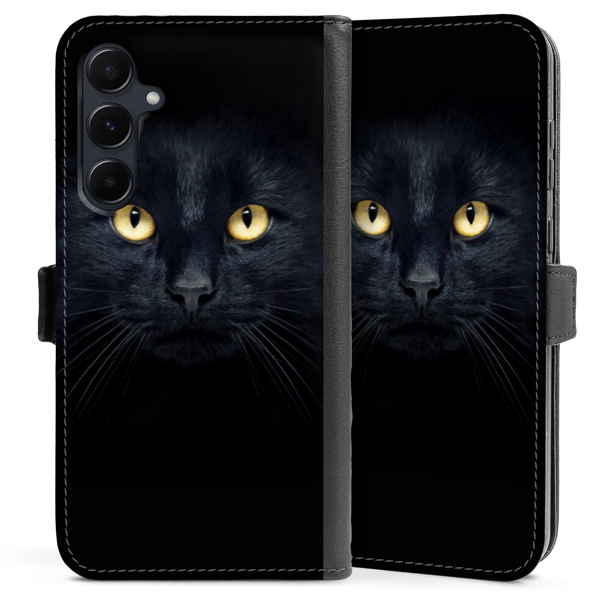 Galaxy A55 5G Handy Klapphülle Handyhülle aus Kunst Leder schwarz Flip Case Eye Cat Black Sideflip mit Lasche