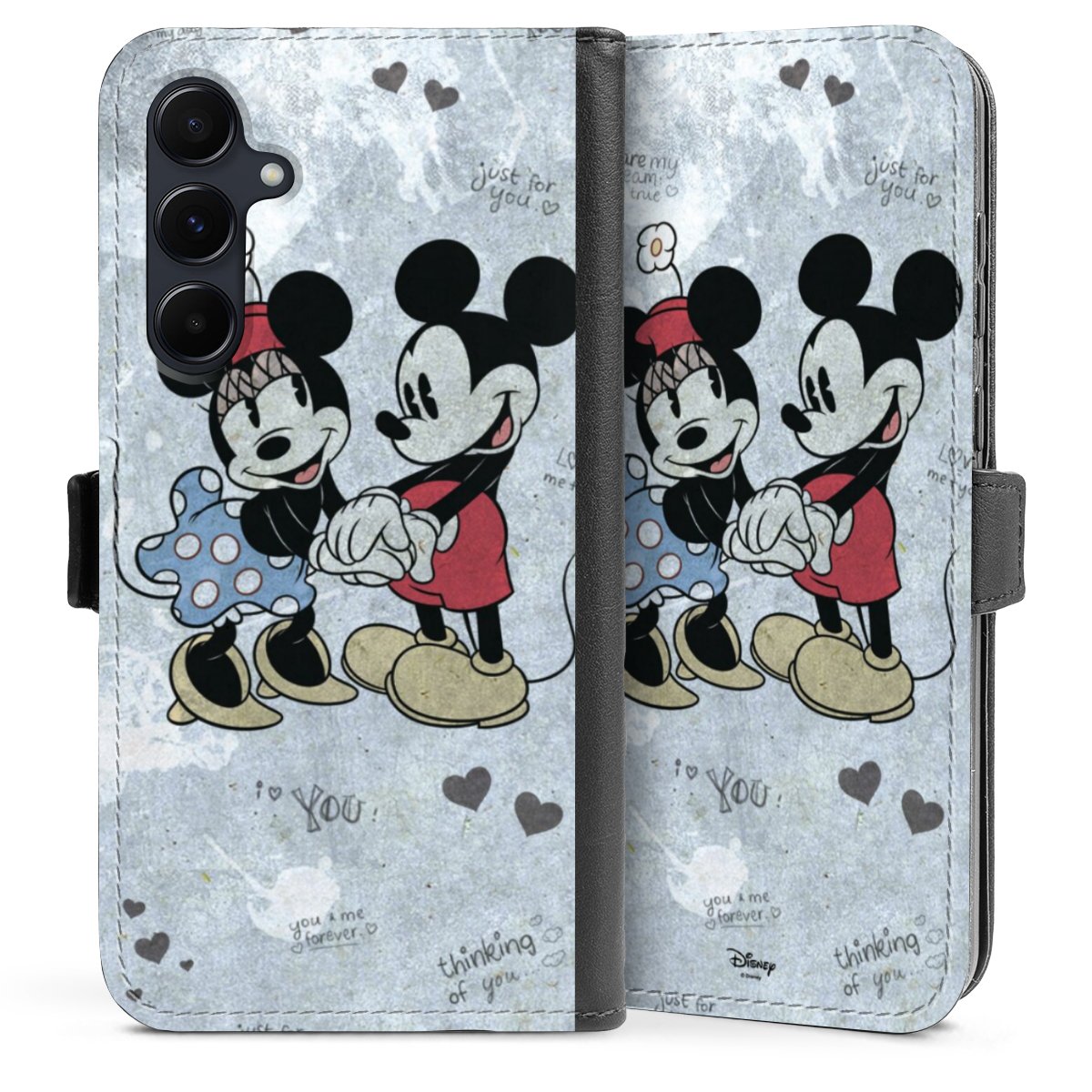 Galaxy A55 5G Handy Klapphülle Handyhülle aus Kunst Leder schwarz Flip Case Mickey & Minnie Mouse Vintage Disney Sideflip mit Lasche