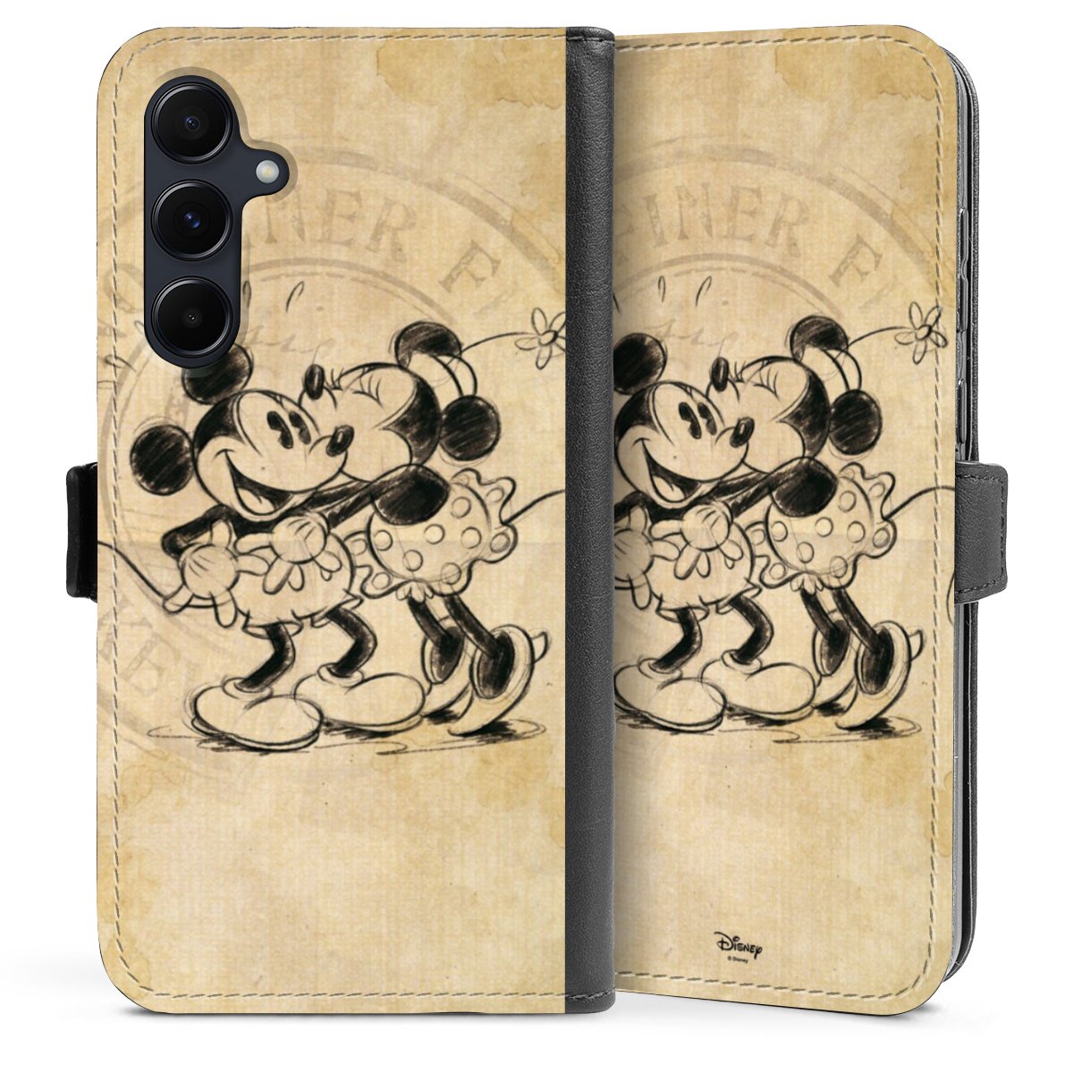 Galaxy A55 5G Handy Klapphülle Handyhülle aus Kunst Leder schwarz Flip Case Mickey Mouse Vintage Minnie Mouse Sideflip mit Lasche