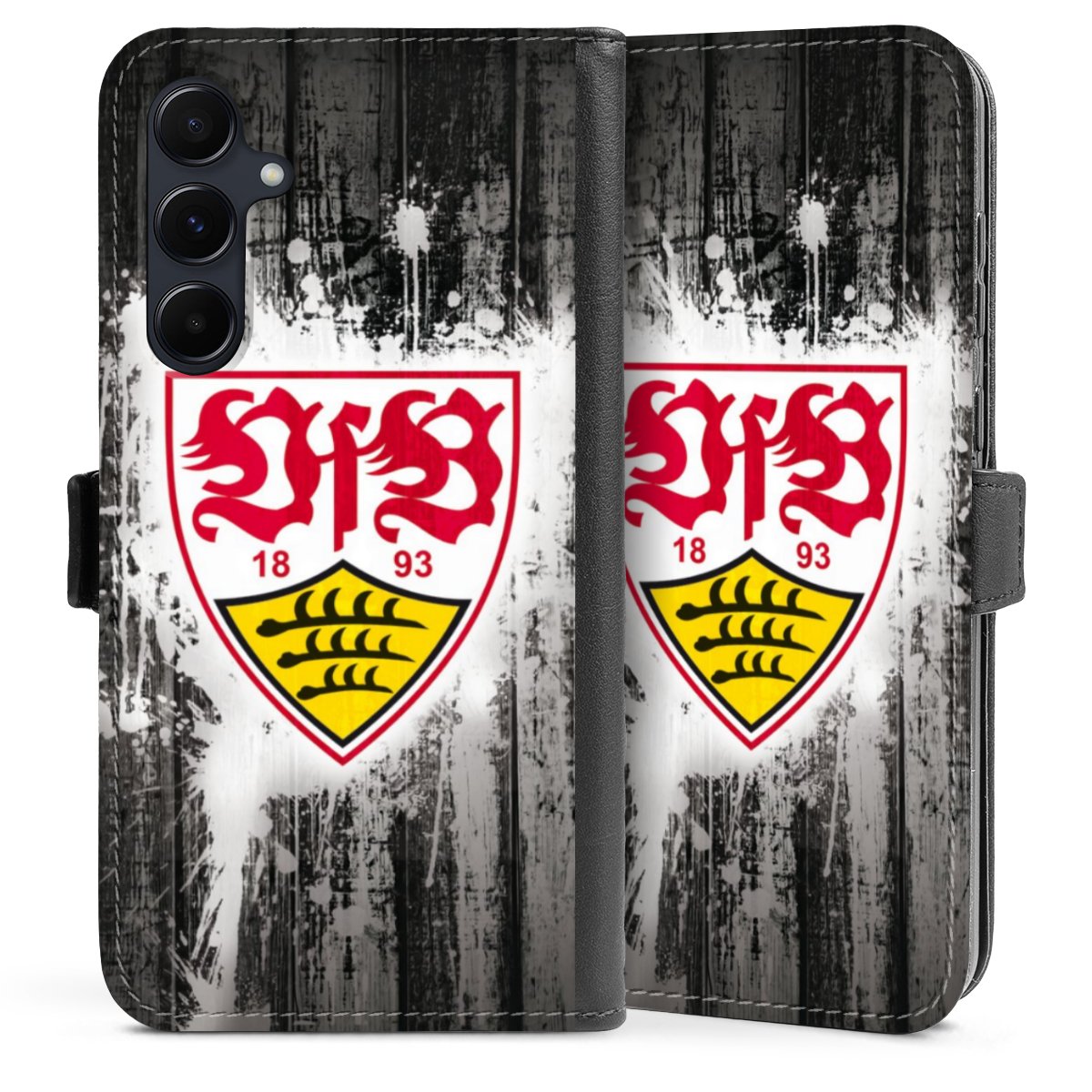 Galaxy A55 5G Handy Klapphülle Handyhülle aus Kunst Leder schwarz Flip Case Vfb Stuttgart Official Licensed Product Sideflip mit Lasche