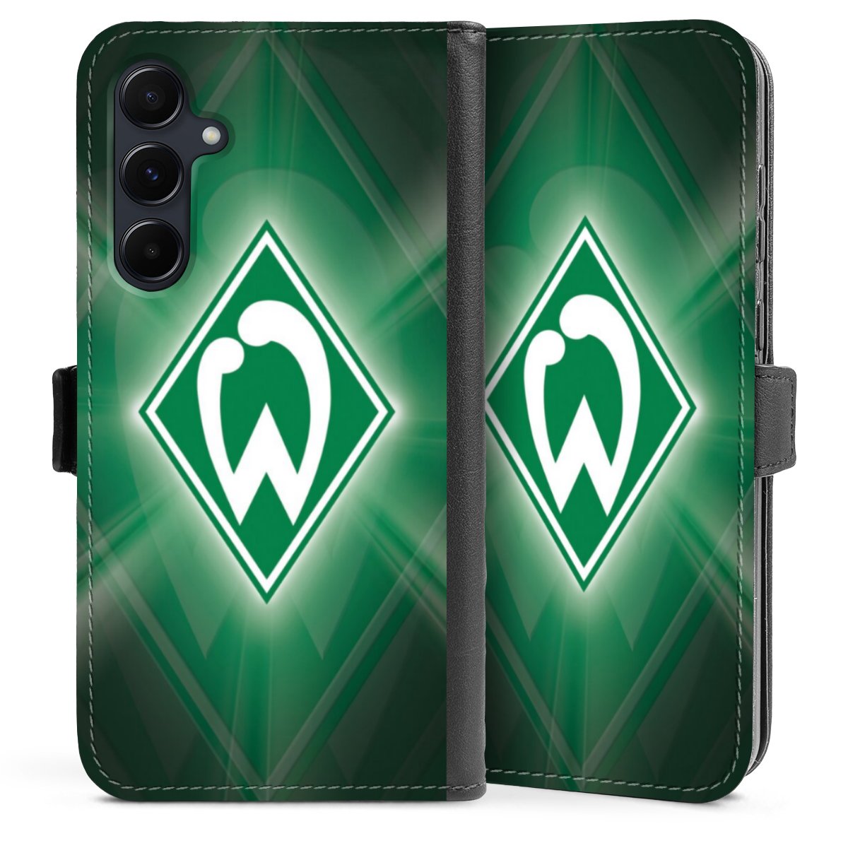 Galaxy A55 5G Handy Klapphülle Handyhülle aus Kunst Leder schwarz Flip Case Sv Werder Bremen Official Licensed Product Coat Of Arms Sideflip mit Lasche