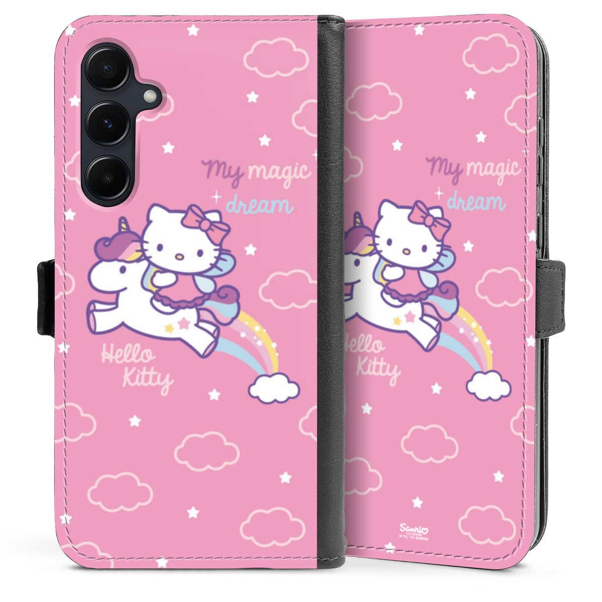 Galaxy A55 5G Handy Klapphülle Handyhülle aus Kunst Leder schwarz Flip Case Einhorn Official Licensed Product Hello Kitty Sideflip mit Lasche