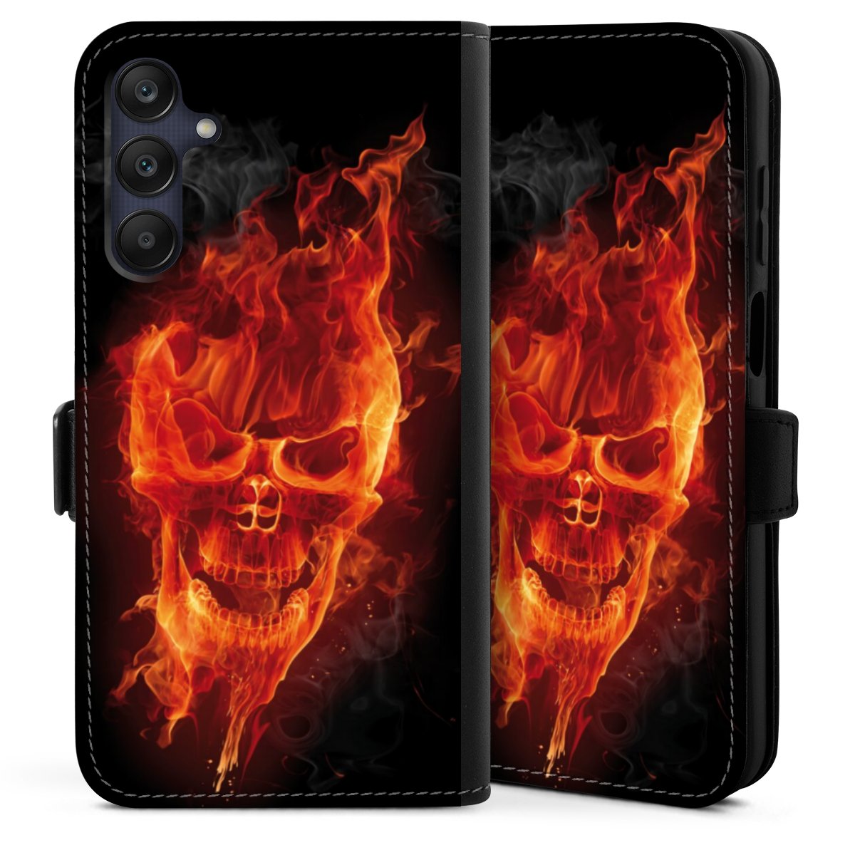 Galaxy A25 5G Handy Klapphülle Handyhülle aus Kunst Leder schwarz Flip Case Totenkopf Skull Fire Sideflip mit Lasche