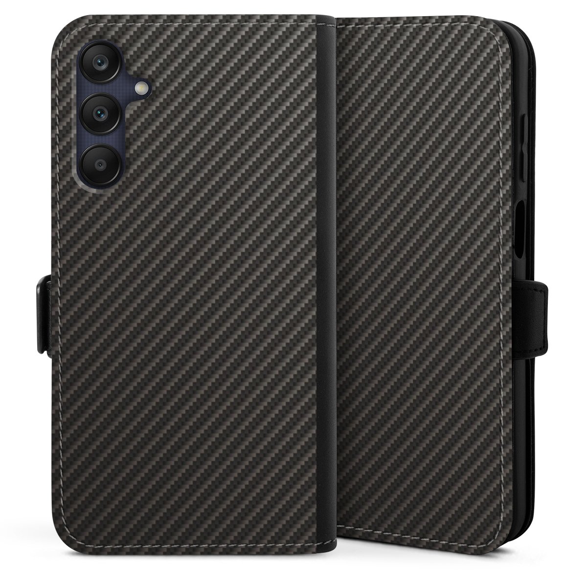 Galaxy A25 5G Handy Klapphülle Handyhülle aus Kunst Leder schwarz Flip Case Metallic Look Carbon Muster Sideflip mit Lasche