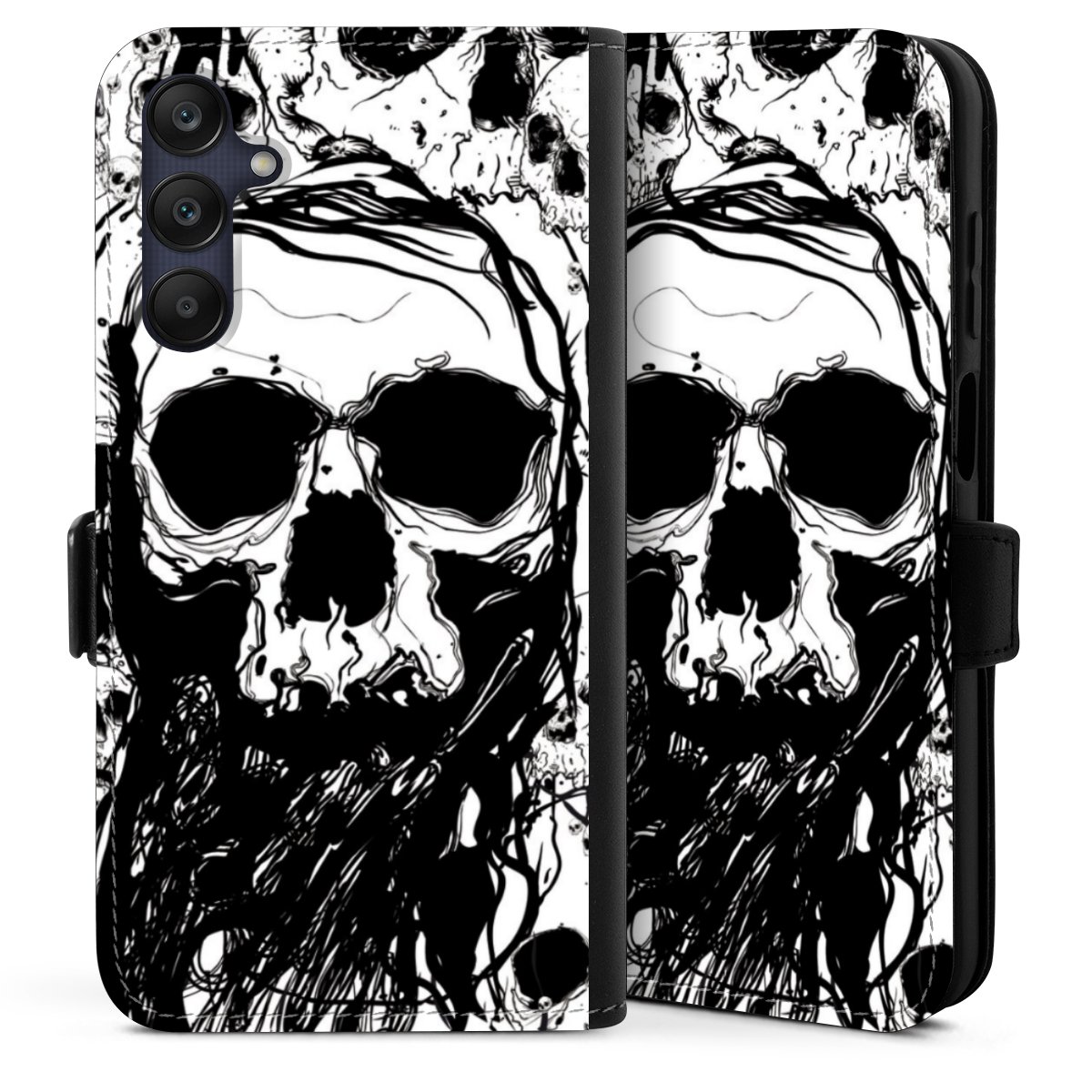 Galaxy A25 5G Handy Klapphülle Handyhülle aus Kunst Leder schwarz Flip Case Totenkopf Halloween Sideflip mit Lasche