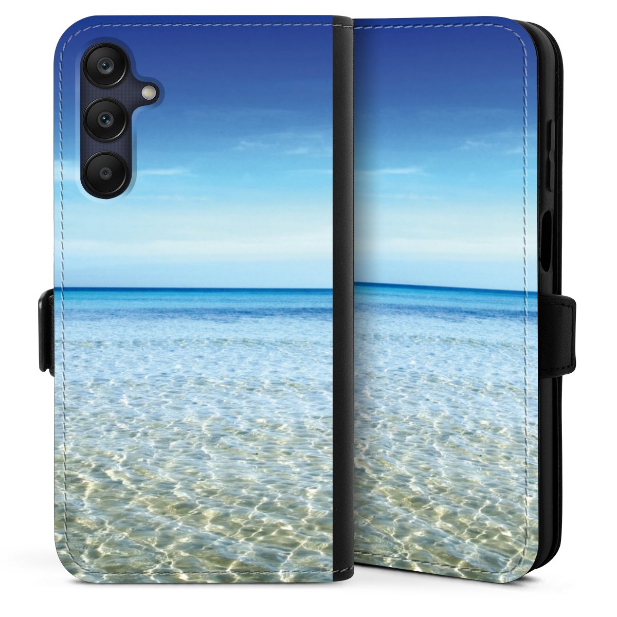 Galaxy A25 5G Handy Klapphülle Handyhülle aus Kunst Leder schwarz Flip Case Urlaub Sky Ocean Sideflip mit Lasche