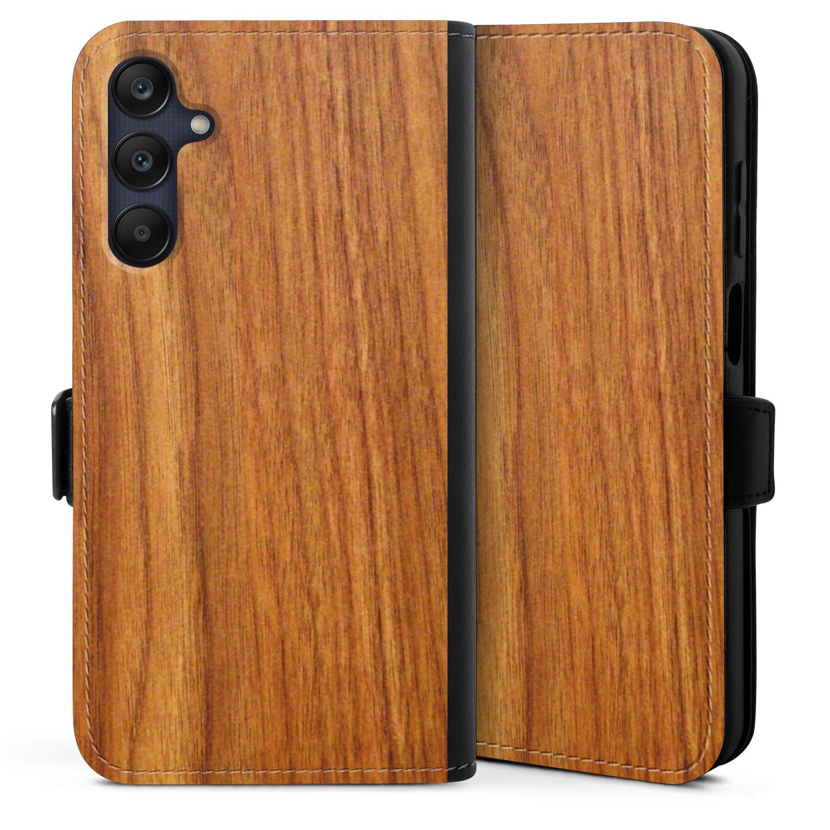 Galaxy A25 5G Handy Klapphülle Handyhülle aus Kunst Leder schwarz Flip Case Wood Larch Wooden Look Sideflip mit Lasche