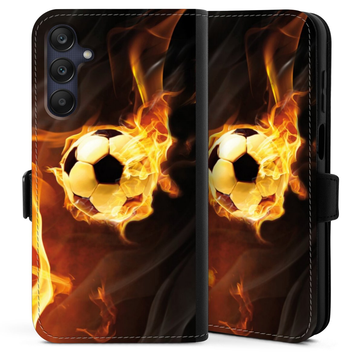 Galaxy A25 5G Handy Klapphülle Handyhülle aus Kunst Leder schwarz Flip Case Ball Fire Soccer Sideflip mit Lasche