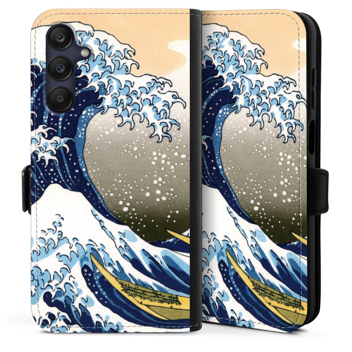 Galaxy A25 5G Handy Klapphülle Handyhülle aus Kunst Leder schwarz Flip Case Kunst Katsushika Hokusai Die Große Welle Vor Kanagawa Sideflip mit Lasche