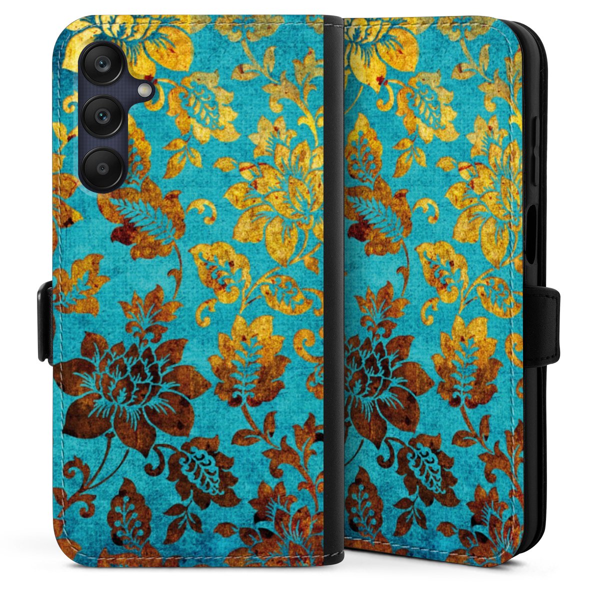 Galaxy A25 5G Handy Klapphülle Handyhülle aus Kunst Leder schwarz Flip Case Ornament Vintage Flowers Sideflip mit Lasche