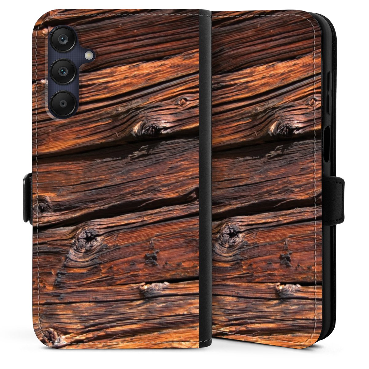 Galaxy A25 5G Handy Klapphülle Handyhülle aus Kunst Leder schwarz Flip Case Beams Wooden Look Wood Sideflip mit Lasche