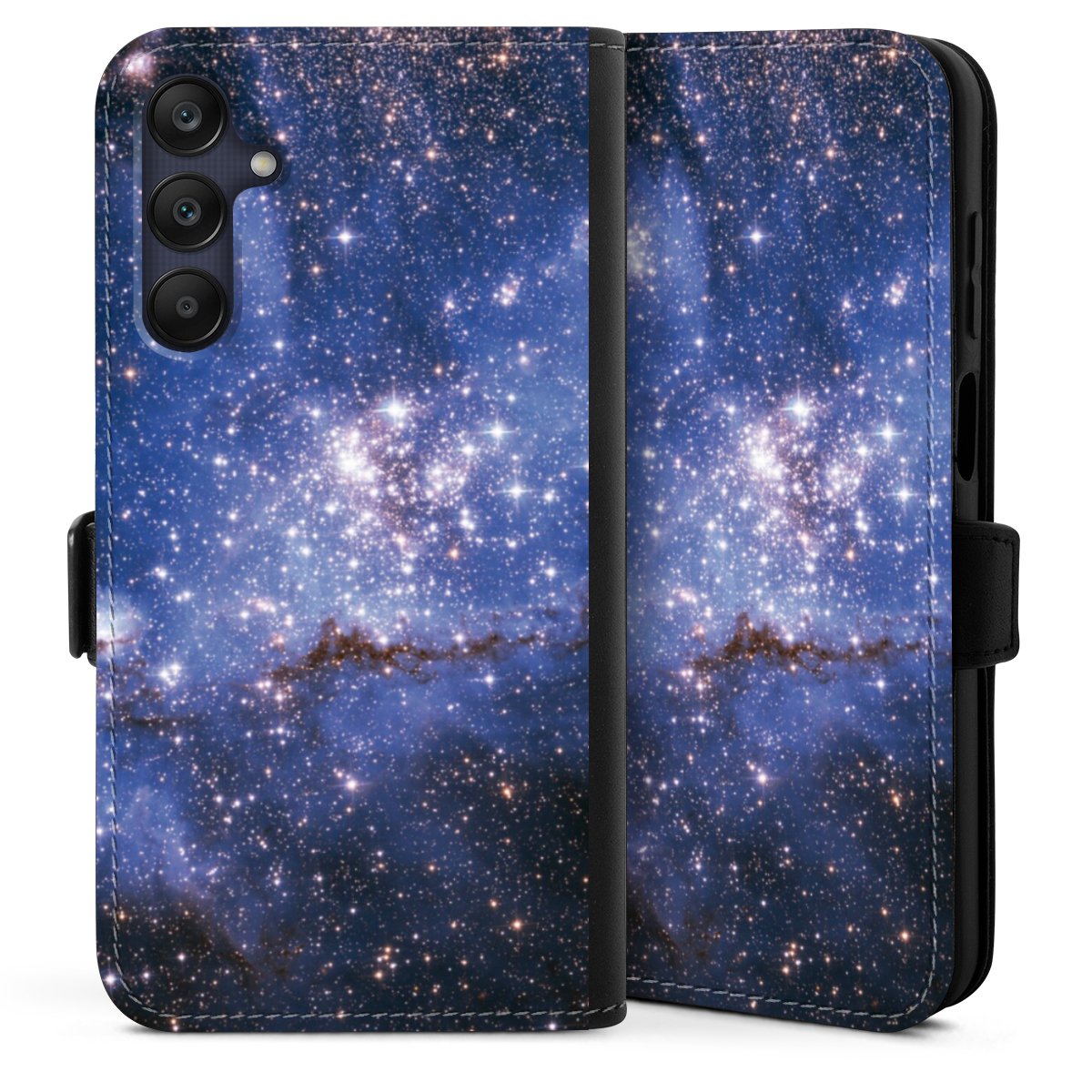 Galaxy A25 5G Handy Klapphülle Handyhülle aus Kunst Leder schwarz Flip Case Weltall Galaxy Weltraum Sideflip mit Lasche